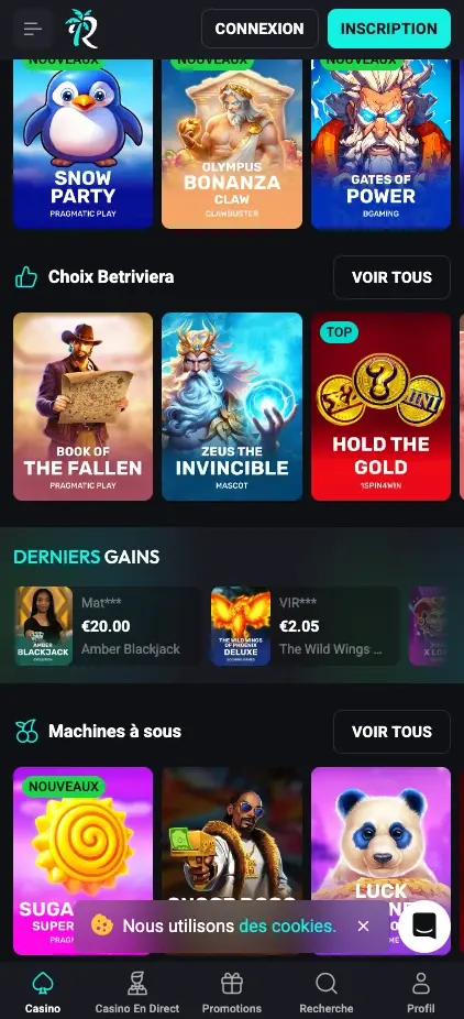 Fonctionnalités mobile Bet Riviera